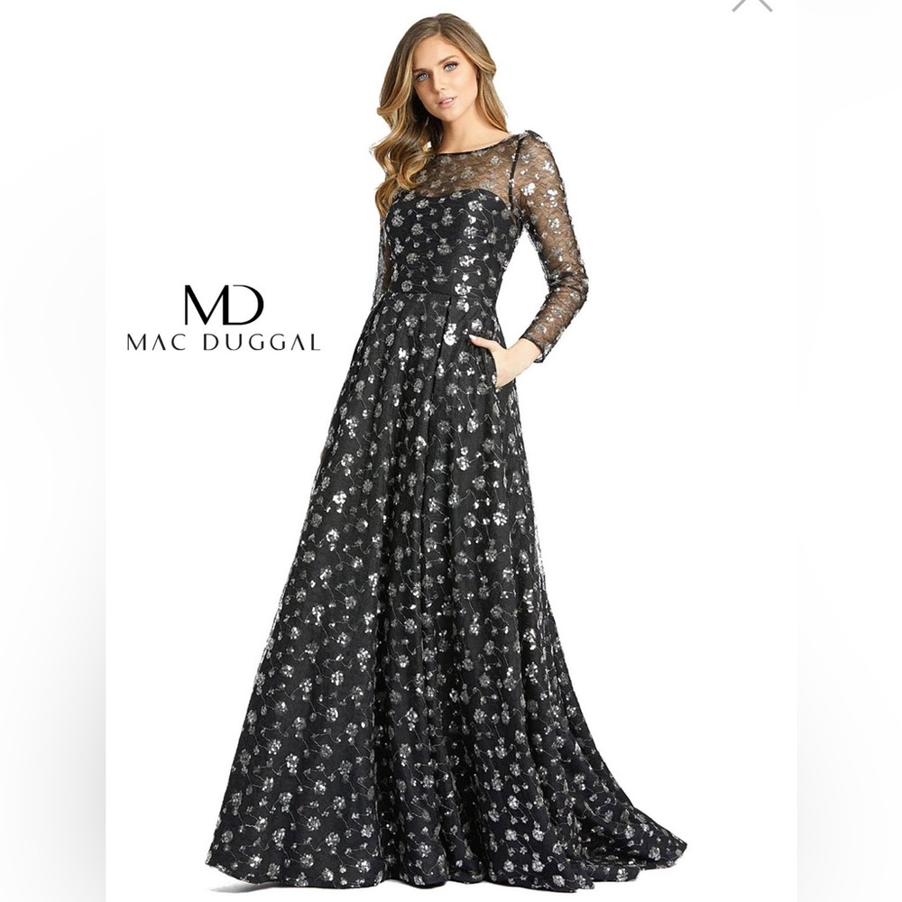 NWT $698 MAC DUGGAL 12360 SEQUIN LACE V NECK BACK GOWN DRESS WITH POCKETS